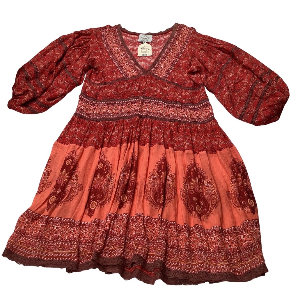 Area Stars Red Paisley Cotton Gauze Boho Mini Dress‎ Puff Sleeve Lace Trim Small